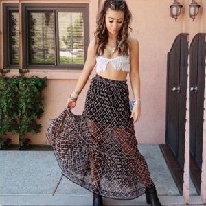 NWT‎ TULAROSA Lexi Beaded Embroidered Black Sheer Maxi Skirt Sz XXS